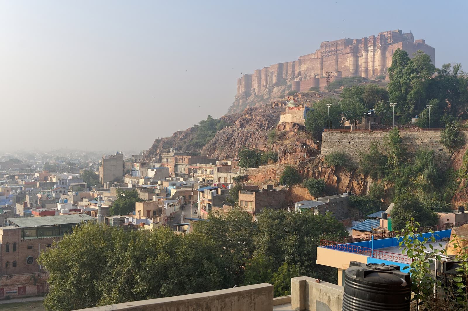 A sandstone fort terrace in Jodhpur at first light.