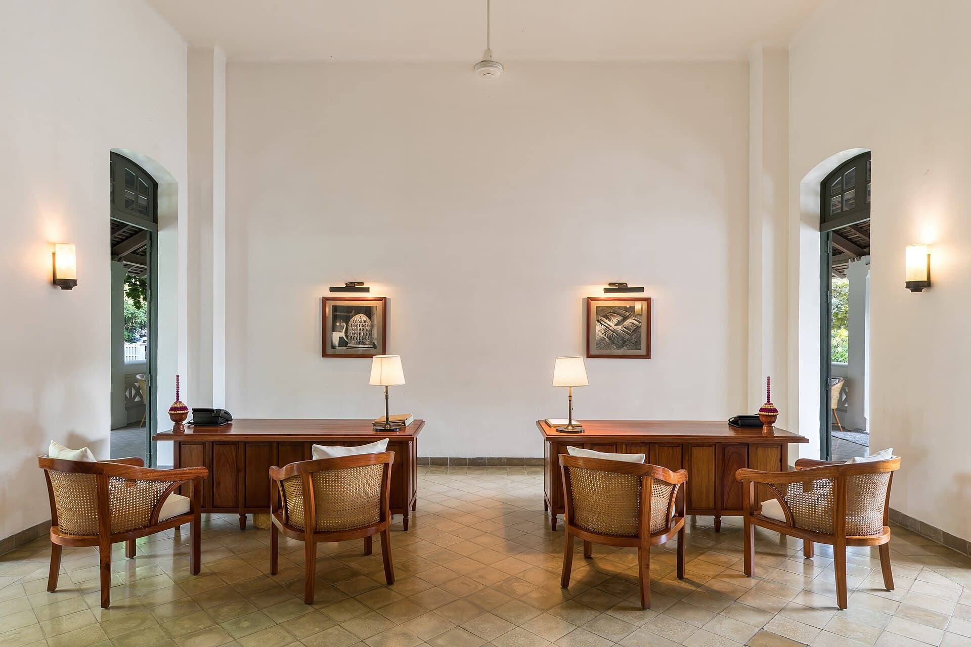 The 24-hour hospitality desk set up in a hotel lobby before guests arrive.